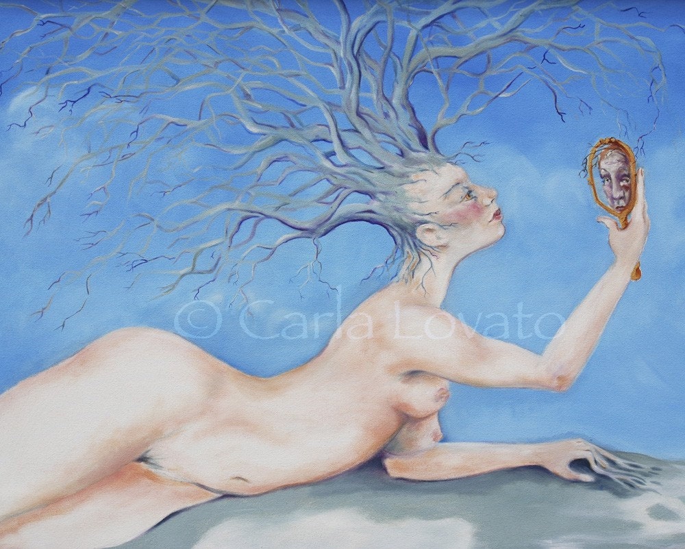 Surreal Oil Painting Goddess of Trees  Mirror - Giclee Print - Art Earth spirit Nude woman figure Mother Nature