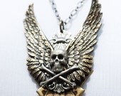 SALE - Steampunk Necklace // GOTHIC Angel Wing Skull and Crossbones - Unisex - Pendant Necklace by Steampunk Vintage Design -- SALE