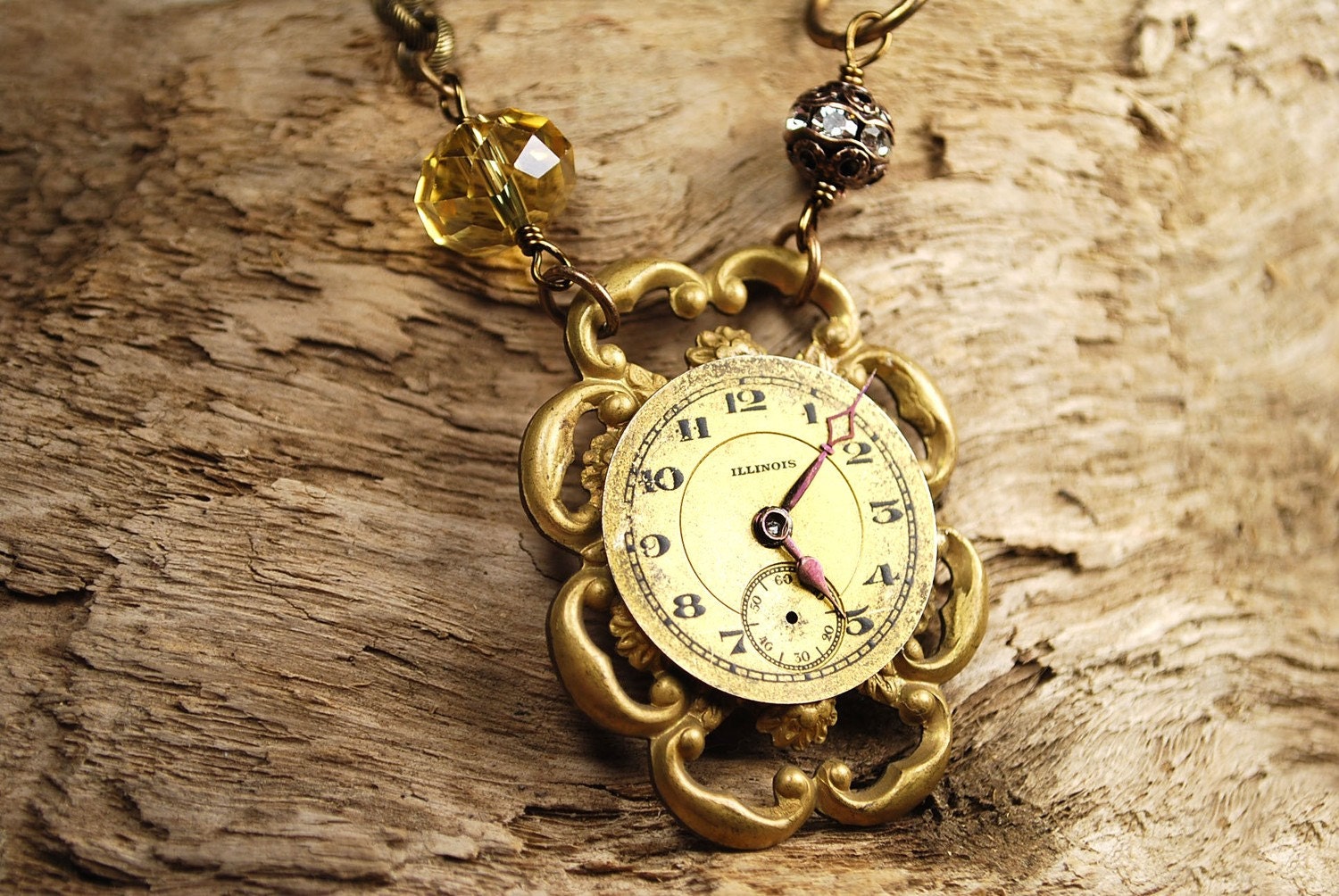 Steampunk Necklace Vintage Illinois Watch Dial Pendant Necklace - Great for Valentines Day - Mothers Day - Anniversaries - SALE