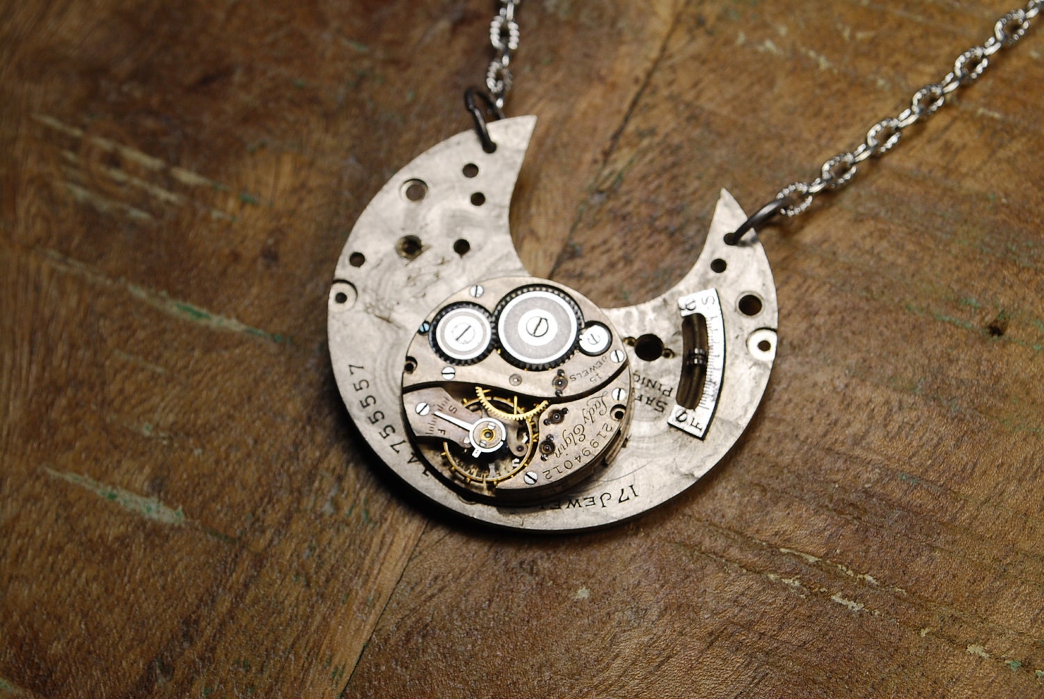 Steampunk Necklace Vintage Elgin Pocket Watch Part Steam Punk Watch Movement Necklace Unique Jewelry by Steampunk Vintage Design