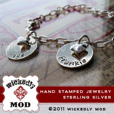 Mother Bracelet - Charm Bracelet - Hand Stamped Bracelet - Personalized Bracelet - SHANA 2 Disc w puffy heart charm bracelet