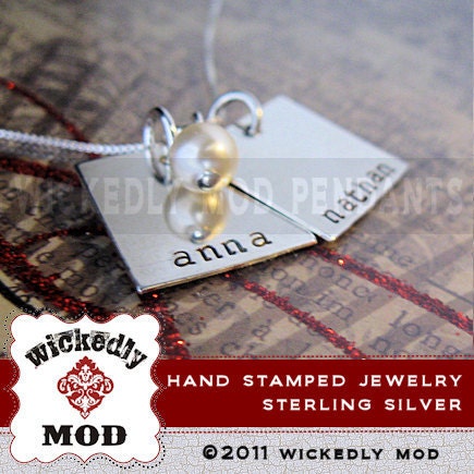 Personalized Necklace - Mother Necklace - Hand Stamped Jewelry - JESSICA custom double square with drop handstamped necklace