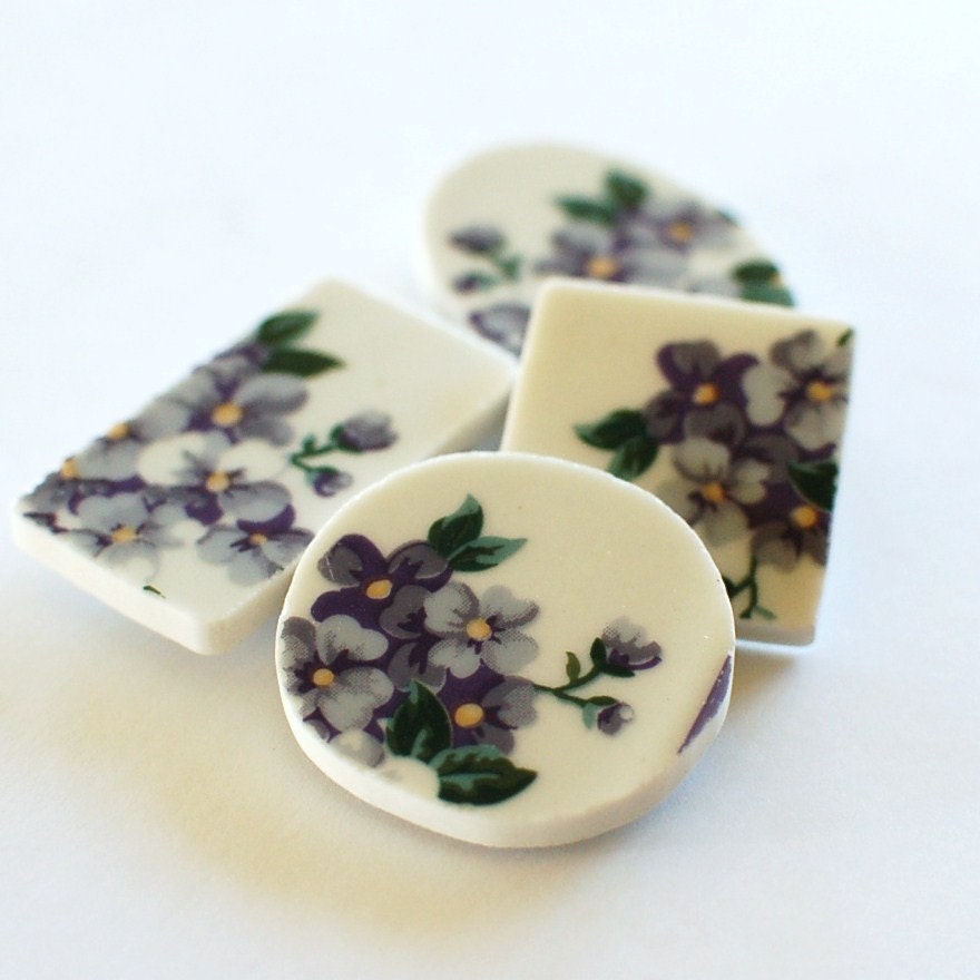 Broken China Magnets - Purple Flowers - Recycled Plates -  Set of 4