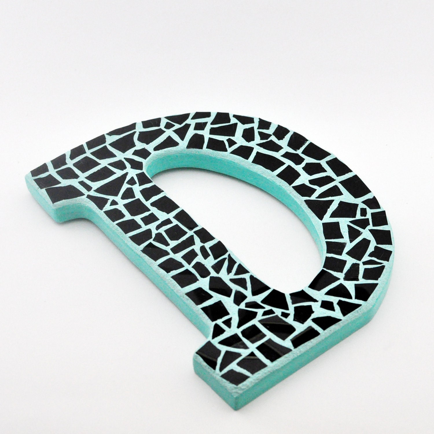 Broken China Art - Mosaic - Letter D Plaque - Monogram - Letter - Initial - Personalized - Turquoise and Black