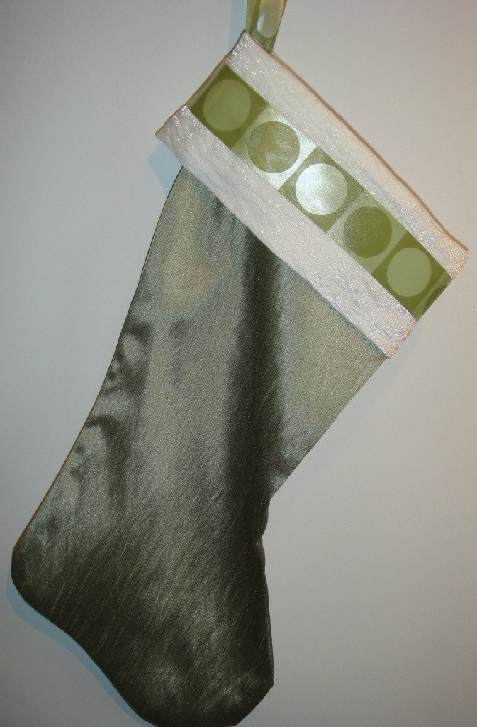 Christmas Stocking-  Sage Green with Polka Dot Ribbon Trim