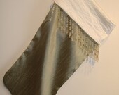 Christmas Stocking- Sage green with Clear and Gold Beaded Fringe