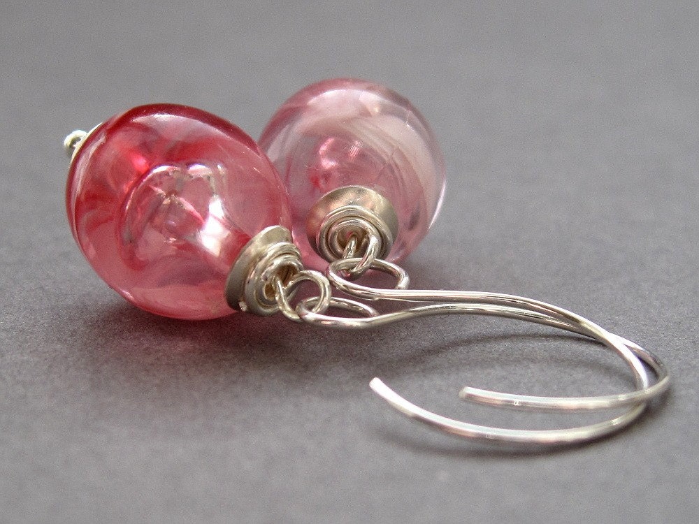 SALE - Vintage 1960s Raspberry Pink and White Lucite Earrings with Sterling Silver Ear Wires - coulis