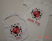 Custom Bib and Onesie Set with Ladybug Applique and Black Polka Dots and Red Swirls Embroidery