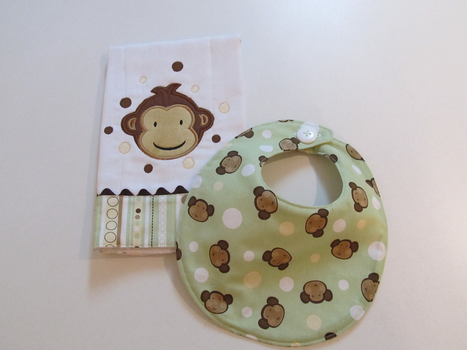 Babies Burp Cloth and Bib Set, Monkey Applique with Monkey Fabric and Coordinating stripe Fabric