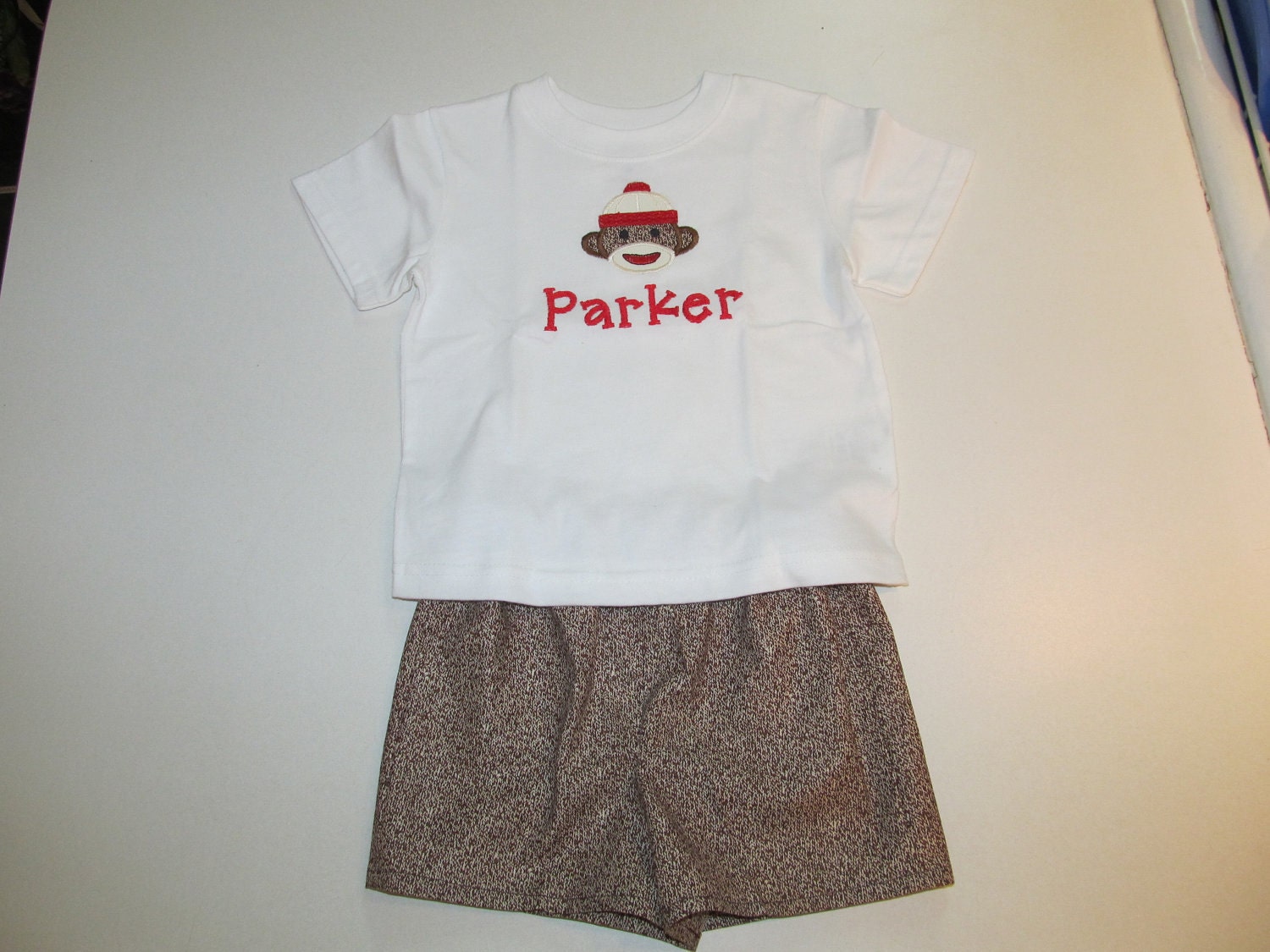 Baby Boy, Size 18 Month Sock Monkey Short Set with Sock Monkey applique and Free Monogram