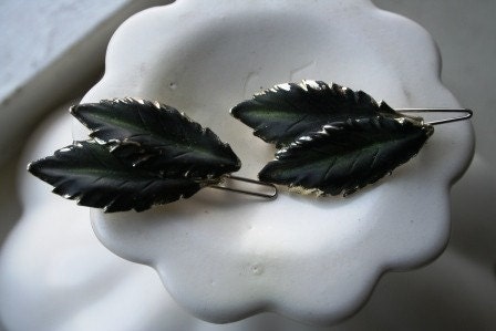 Fresh Leaf Vintage Black Gold and Green Repurposed Earring Mini Barrettes