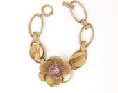 Victorian Era Brass Flower Bracelet with Amythest Stone