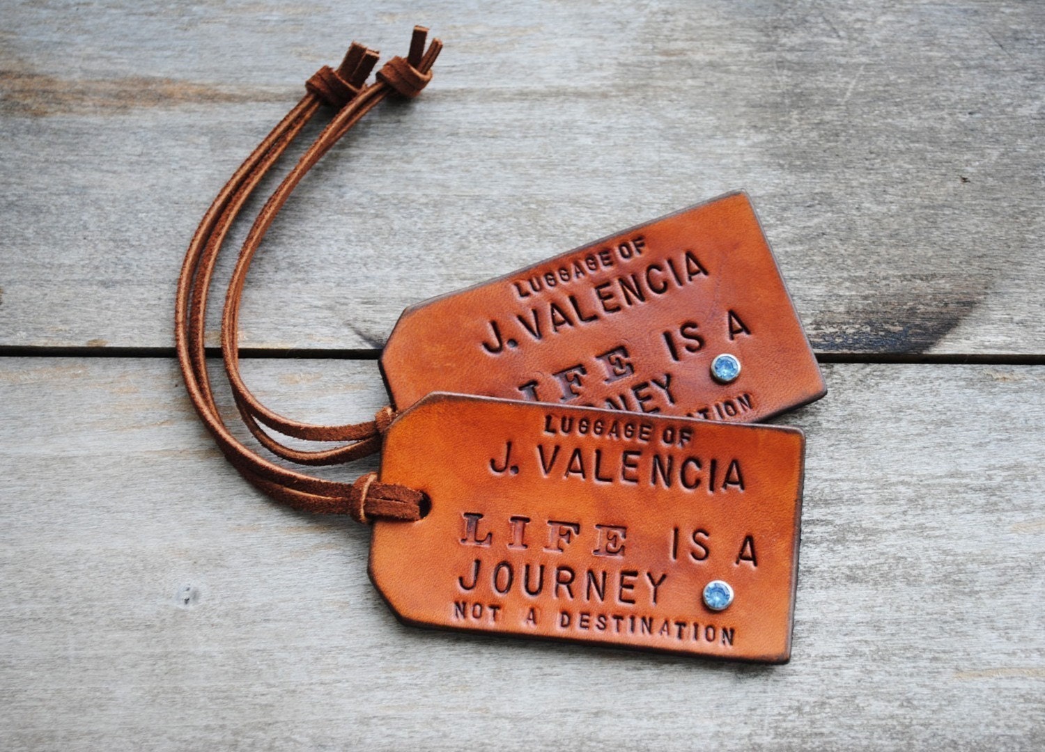 2 Custom Leather Luggage Tags - LIFE is a JOURNEY - Personalize with your names