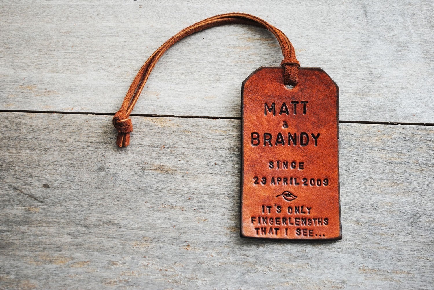 Single Custom Vertical Leather Luggage Tag. Stamped with Your Name, Phrase, Verse. Gift for wedding, birthday, thank you, congrats.