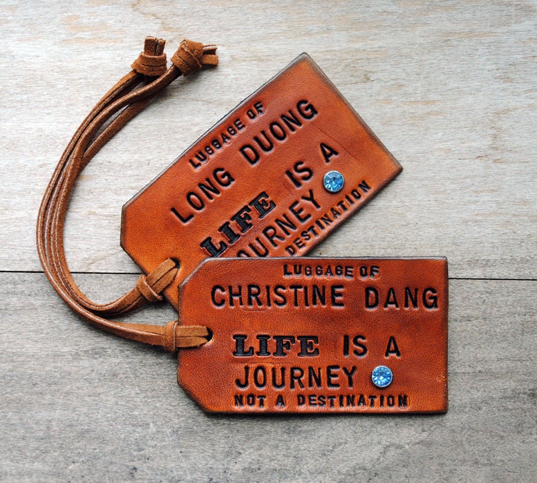 2 Custom Leather Luggage Tags - LIFE is a JOURNEY - Personalize with your names