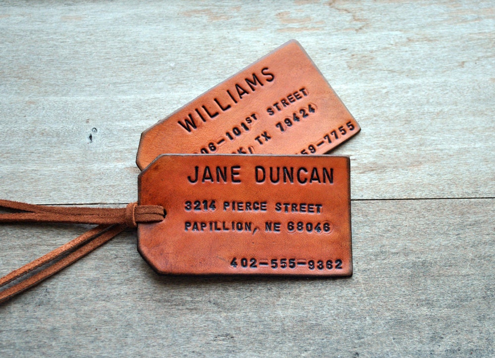 As seen in COUNTRY LIVING. Set of 2 Custom Leather Luggage Tags. Stamped with Your Name, Address, and Phone Number.