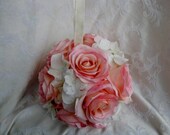 Pink roses and ivory hydrangea make up "Blushing Sentiments" kissing ball.