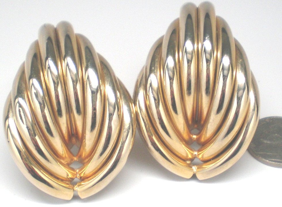 Vintage Earring Large Clip / Pierced Dangles Hollow Tubes of Bright Gold Tone Metal Retro Runway Diva Statement