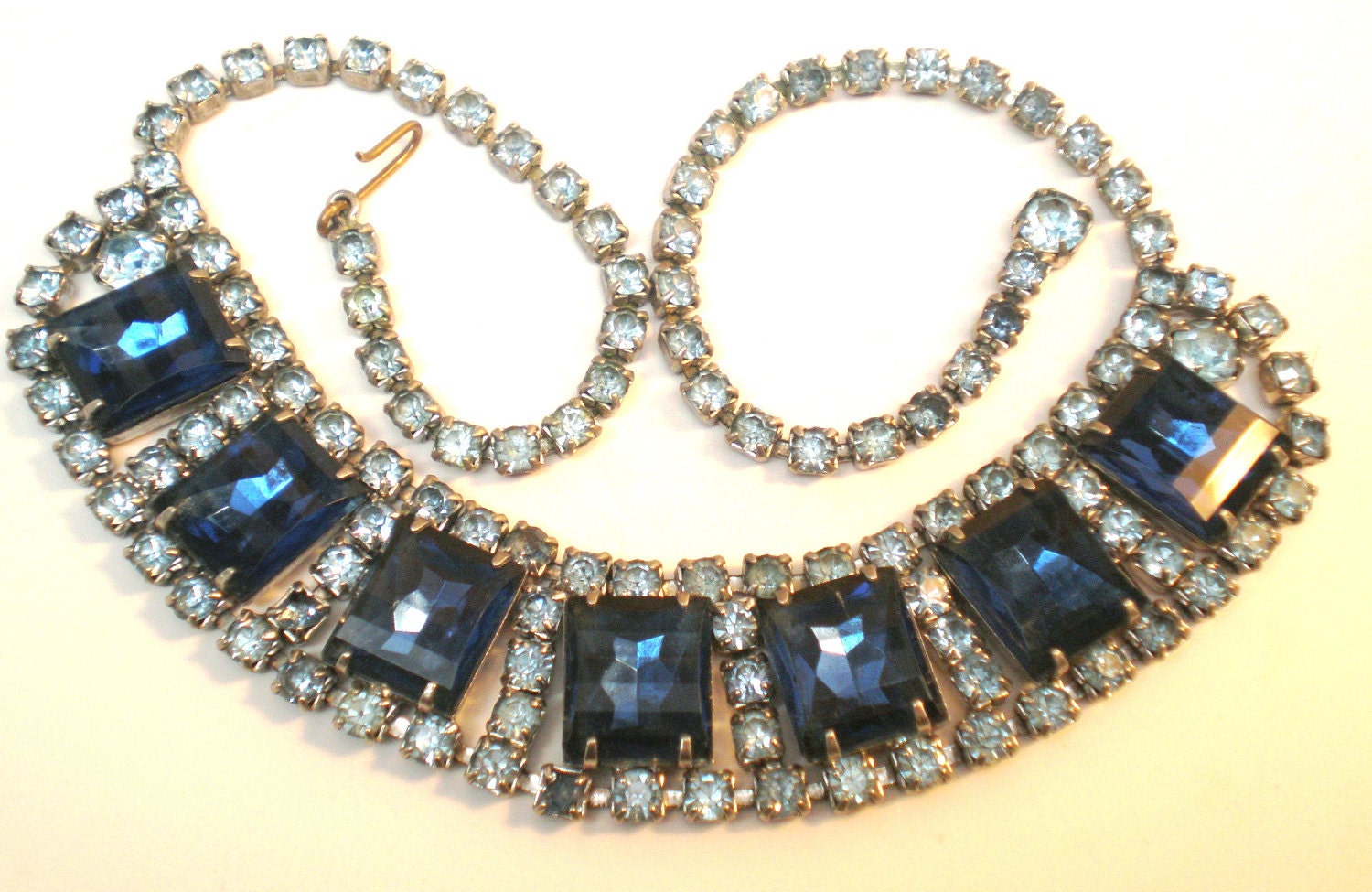 Antique Vintage Necklace Choker 20s Art Deco 7 Huge Square Dark Blue Faceted Rhinestones Surrounded 127