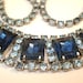 Antique Vintage Necklace Choker 20s Art Deco 7 Huge Square Dark Blue Faceted Rhinestones Surrounded 127