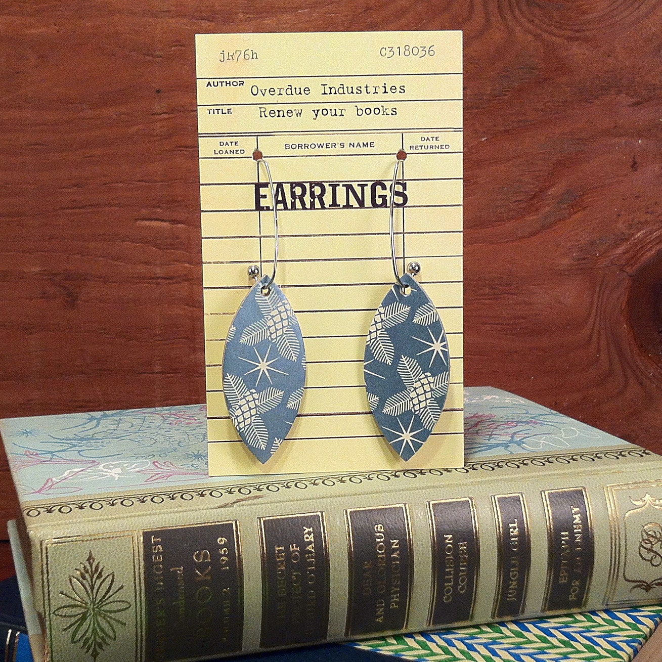 Book Club Earrings  made from real vintage book covers OBLONG flying pineapple - overdueindustries