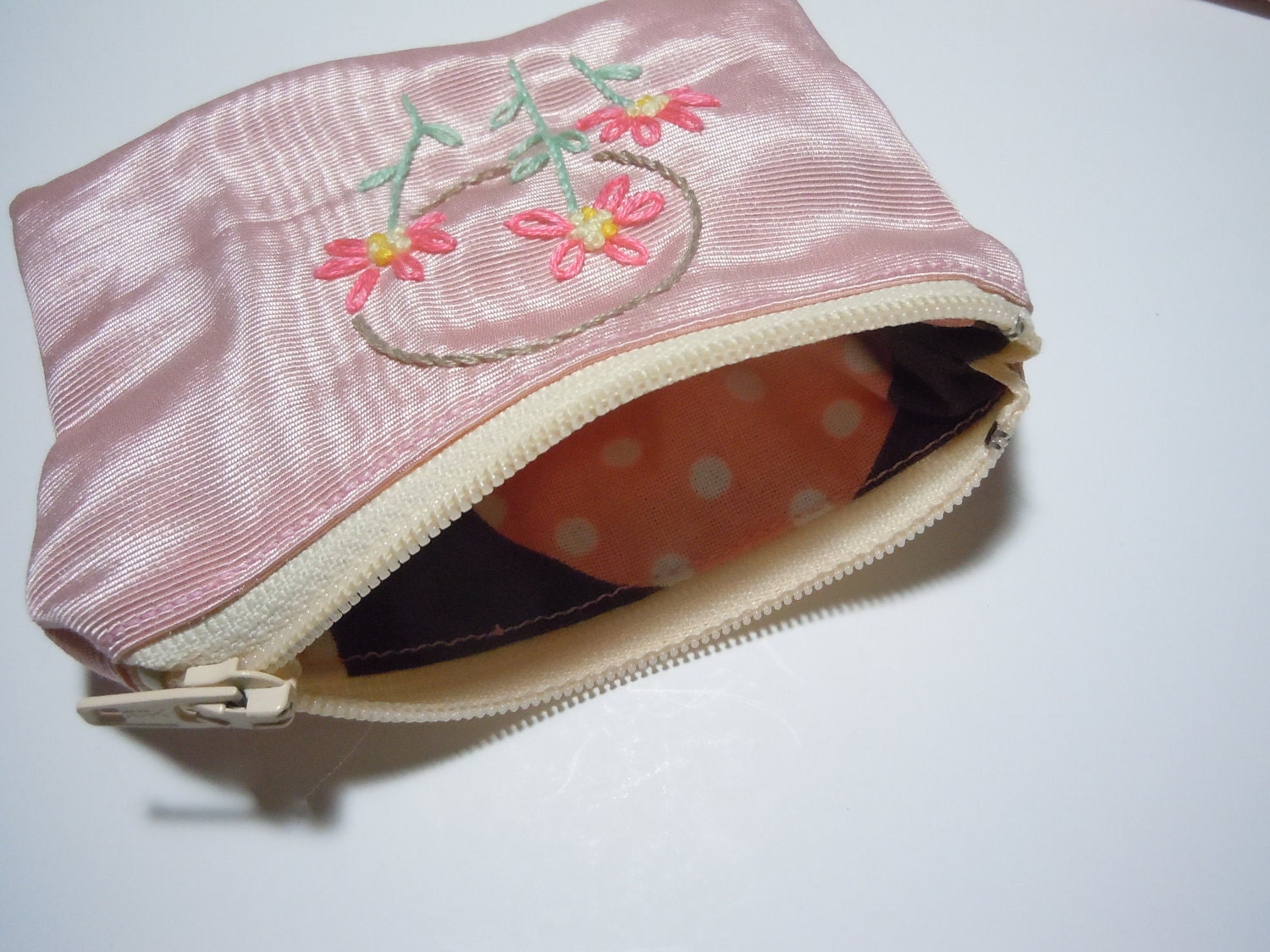 Embroidered Coin Purse - Pale Peach Moire fabric