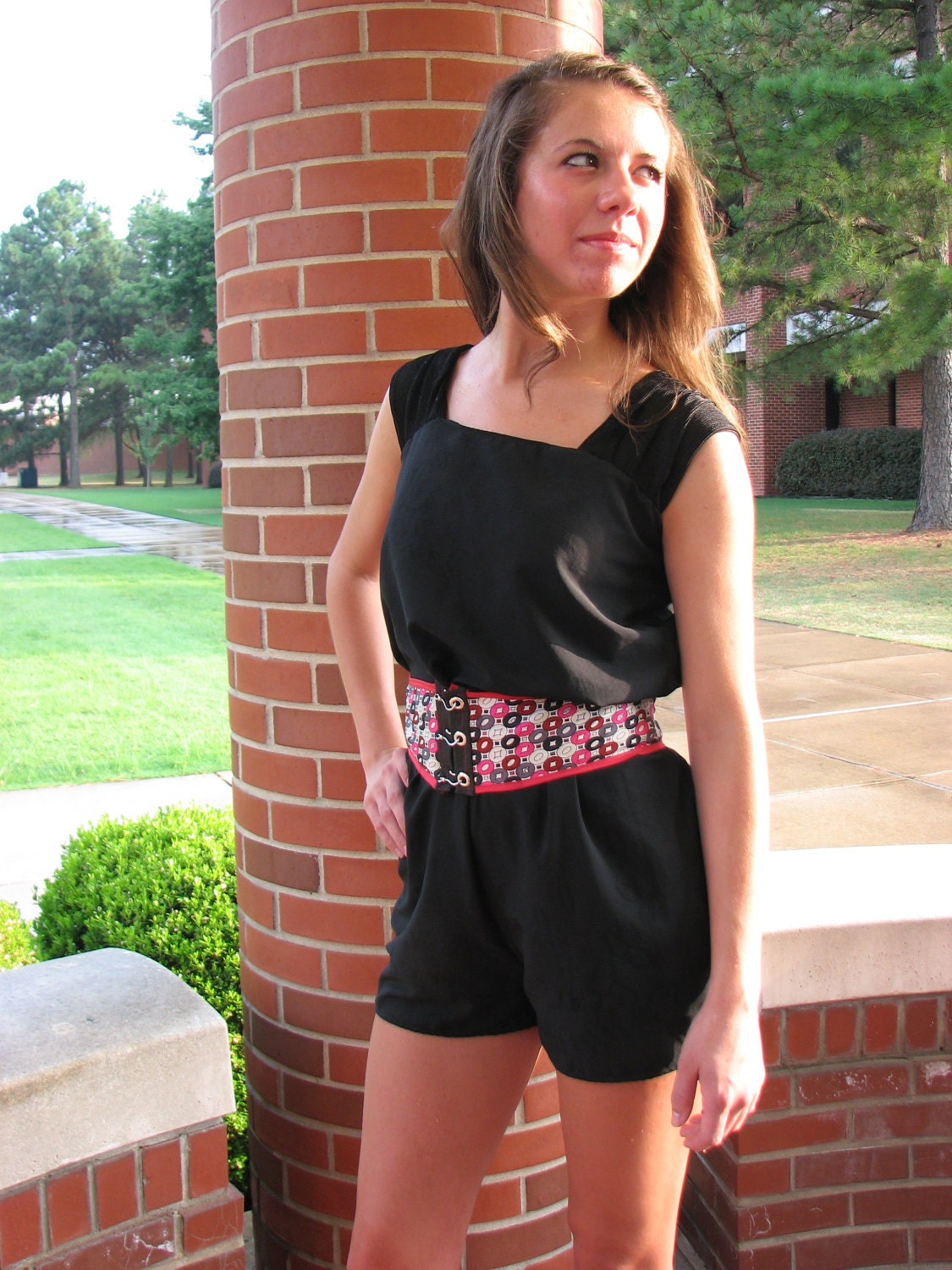 Black Romper with Waist Belt -- Upcycled Mens Tie -- Small