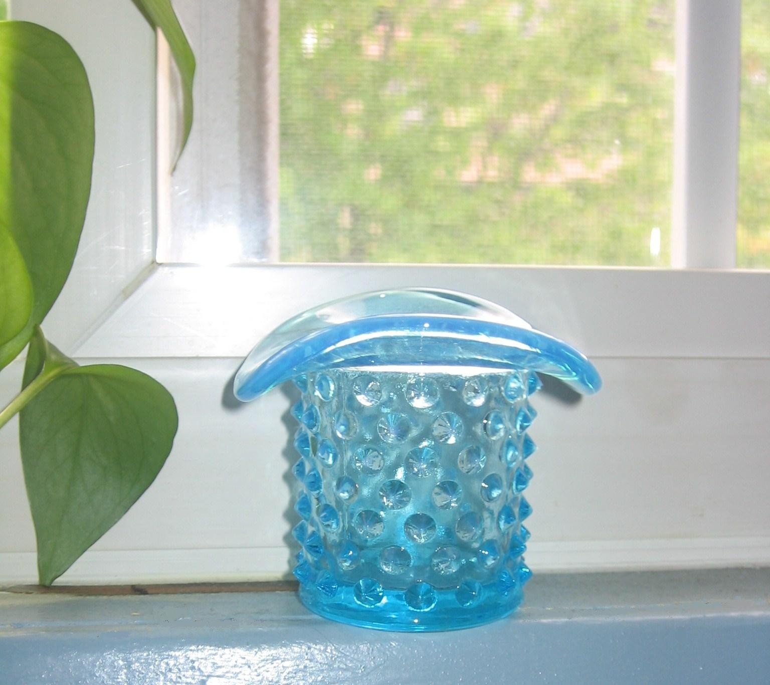 Vintage Fenton Glass Hobnail Blue Opalescent Hat - Toothpick Holder