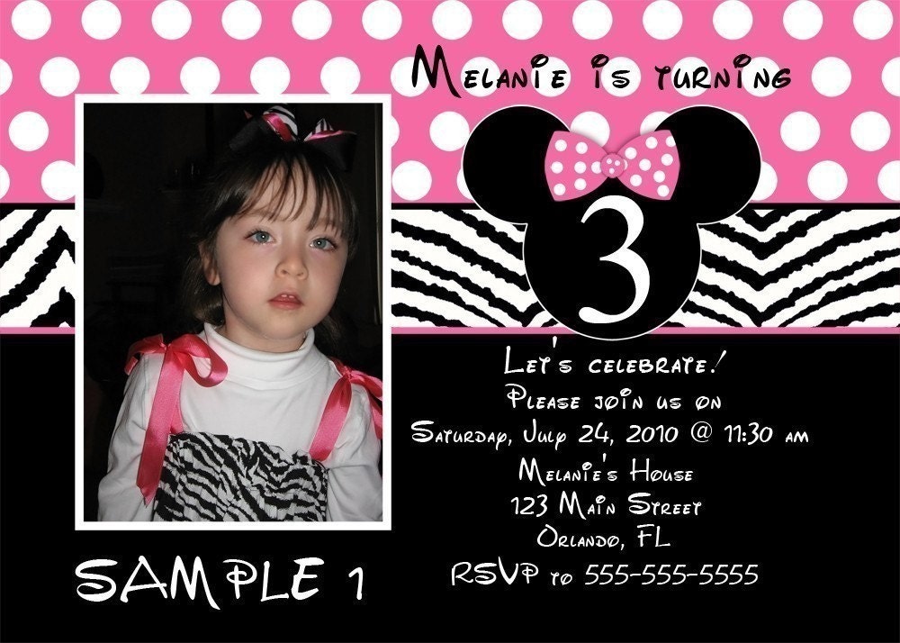 Mouse Ears And Zebra Print Birthday Invitation With or Without Picture (Any Color, Digital File)