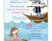 Vertical Mermaid And Pirate Birthday Invitation (You Print)