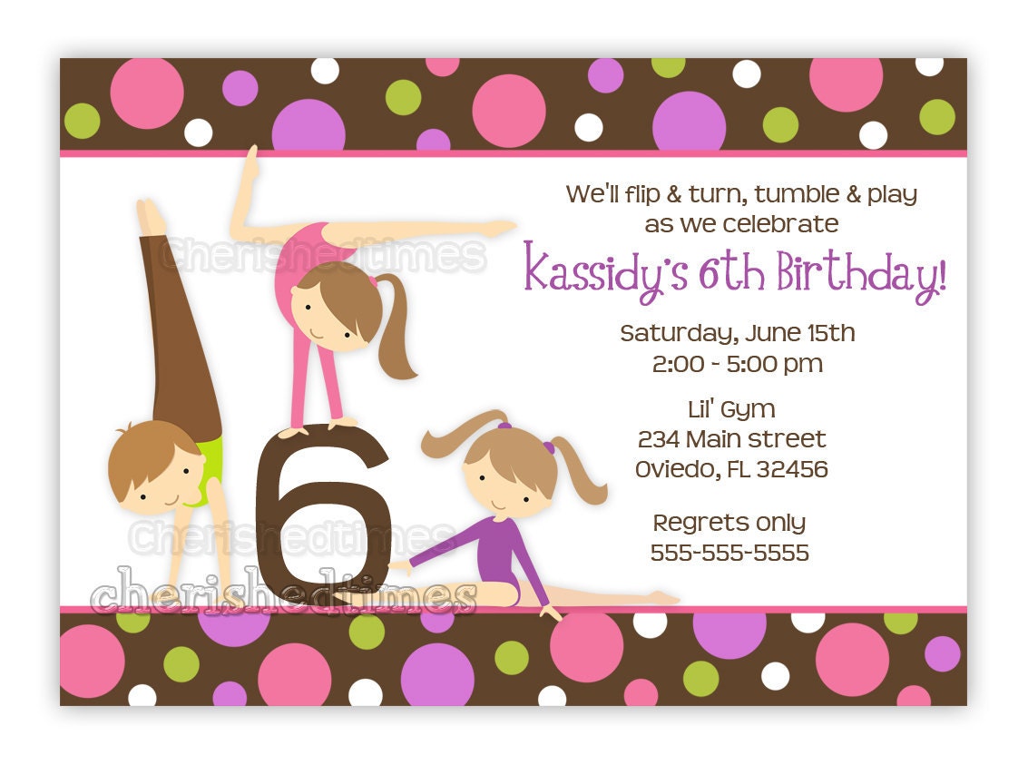 Gymnastics Girl Birthday Party Invitation With Picture or Without (U Print)..Boy available in this design.