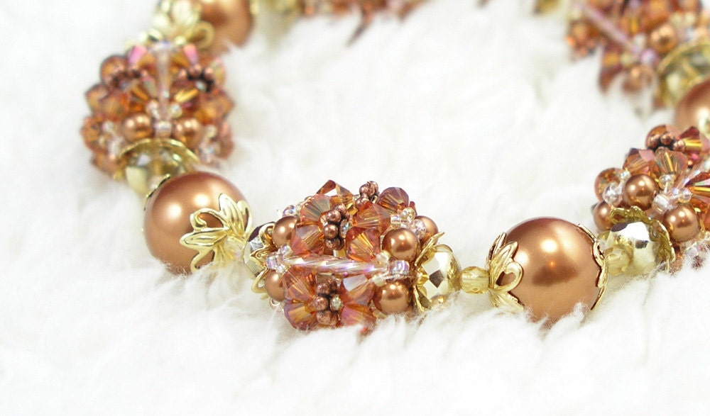 Crystal Copper Pearl Beaded Bracelet, Elastic Slips On