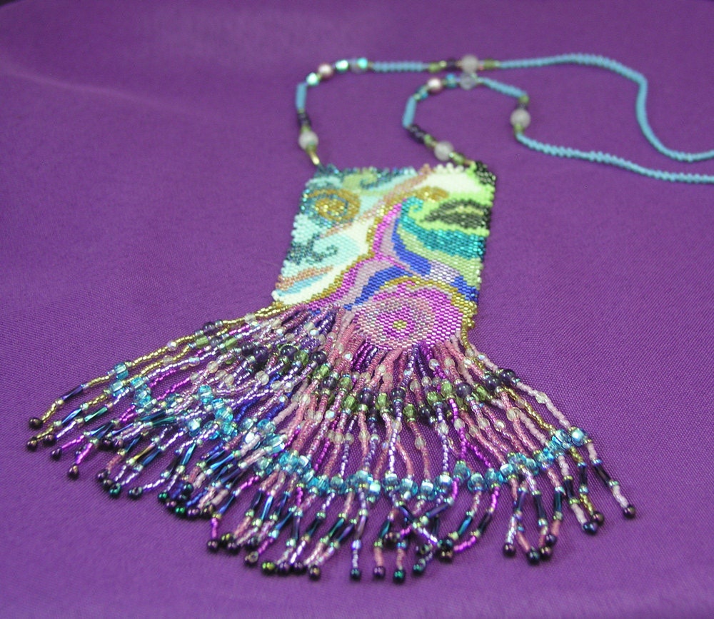 Necklace, Beaded, Ocean Flowers Cascade with Fringe
