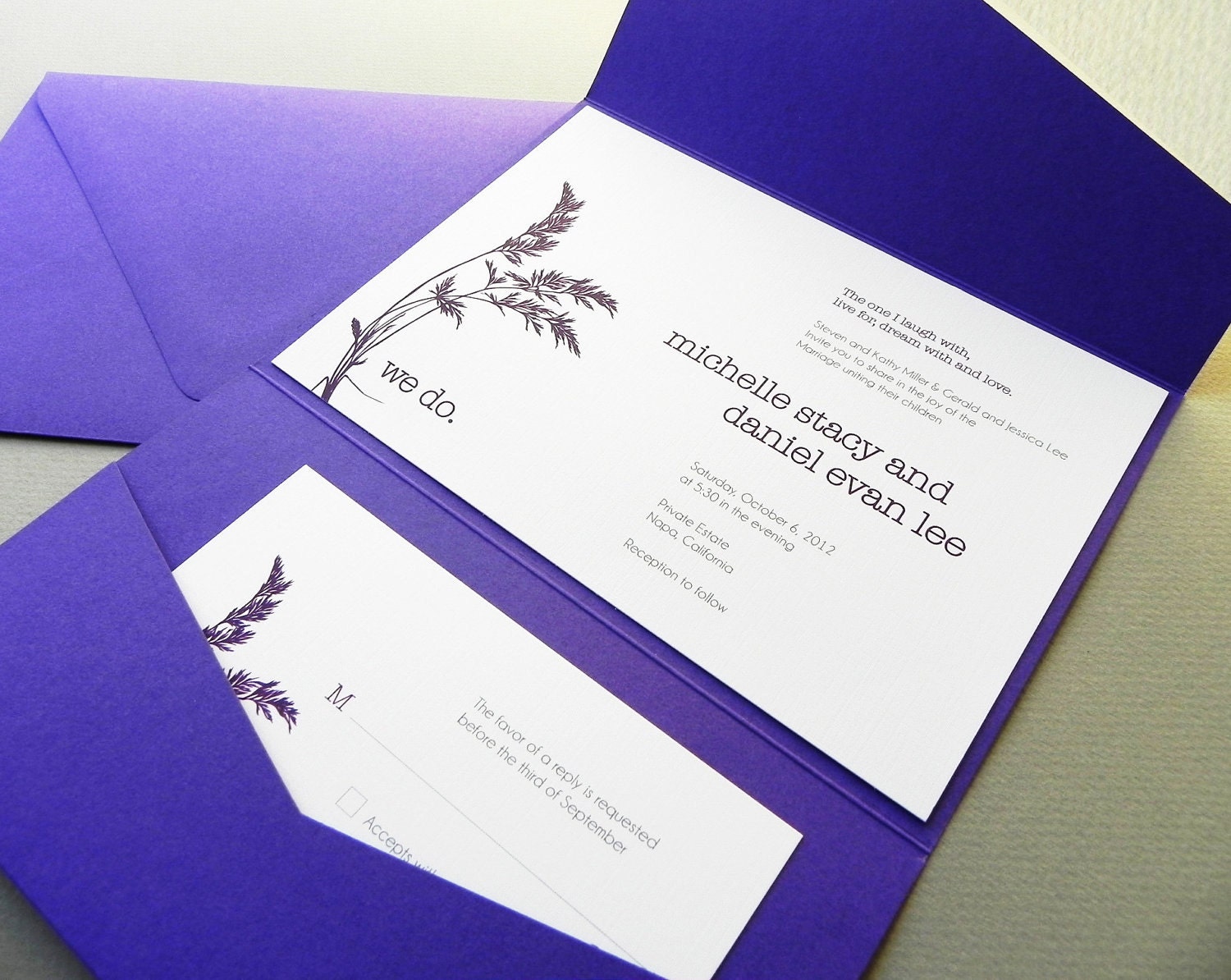 Rustic Country Sprig Wedding Invitation Suite, RSVP Card plus Envelopes - 25 Sets
