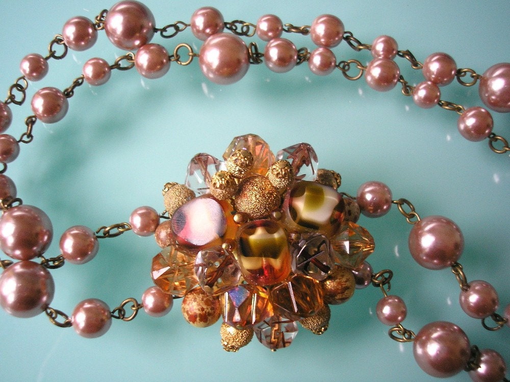 Pearl Bridal Necklace, Wedding Jewelry, Dusky Pink, Rose Pink, Vintage, Lucite, Sterling Silver, Marcasite, Art Deco Clasp, Handmade