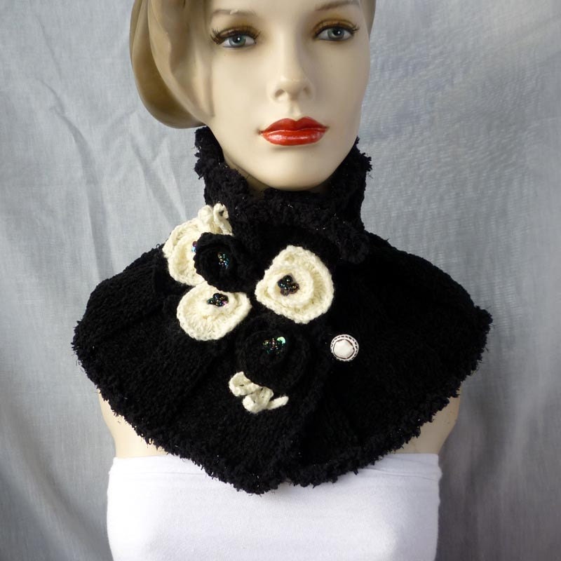 Black Flower Neck warmer / Cowl / Scarf / Collar / Scarflette with Flowers