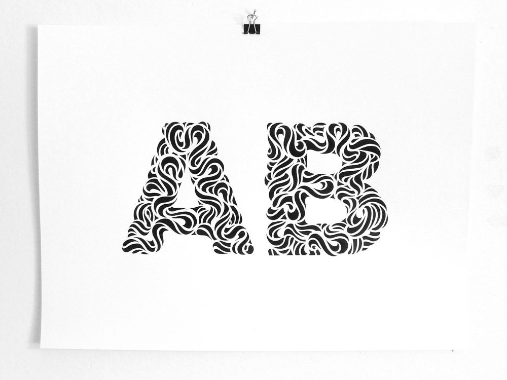 Letters AB, Ink drawing typographic art