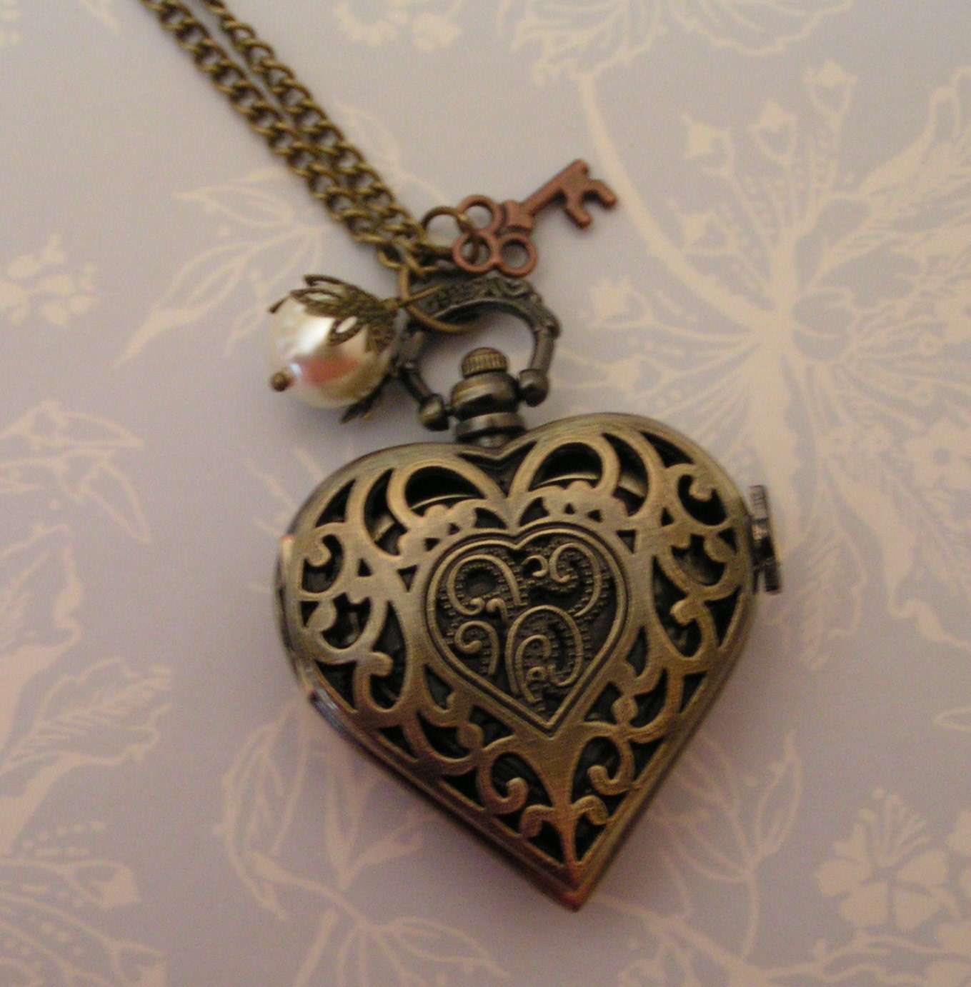 How Time Flies - My Love - Brass Skeleton key and Ecru Filigree Leaf Cap Pearl Detailed Filigree Cut Out Heart Locket Watch
