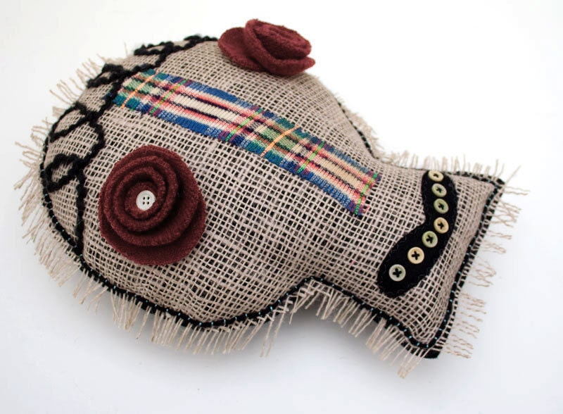 Skull Pillow, mixed media folk art, OOAK hand embroidery, felt and burlap