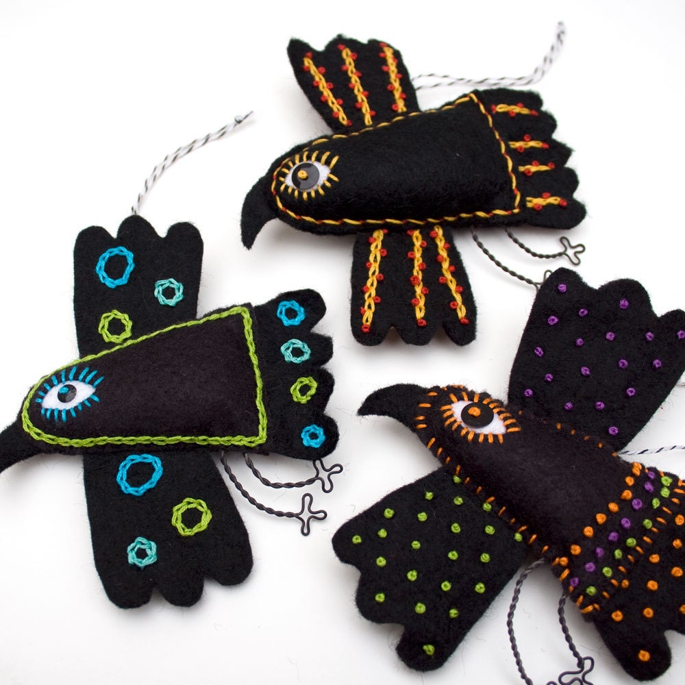Mexican Folk Art Felt Raven ornament handstiched