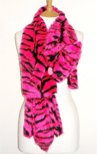 Plush Fun Fox Stole neon pink & black zebra / tiger faux fur animal print scarf
