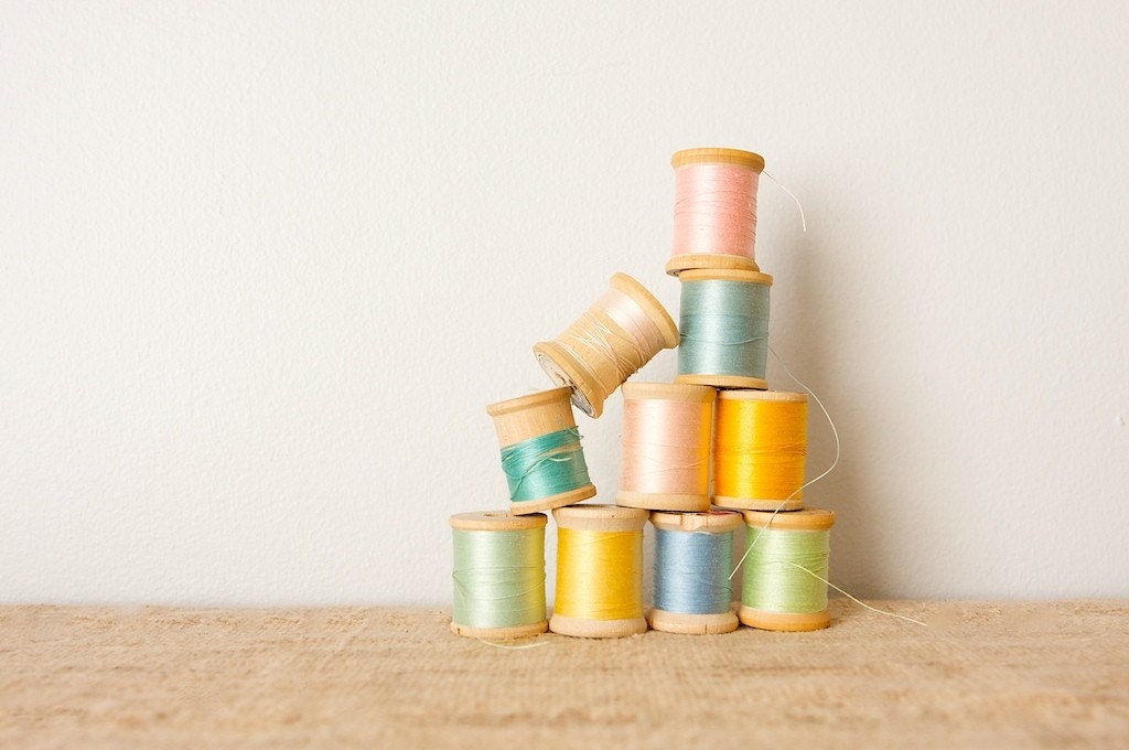 Vintage Wooden Sewing Spools-Spring Pastels