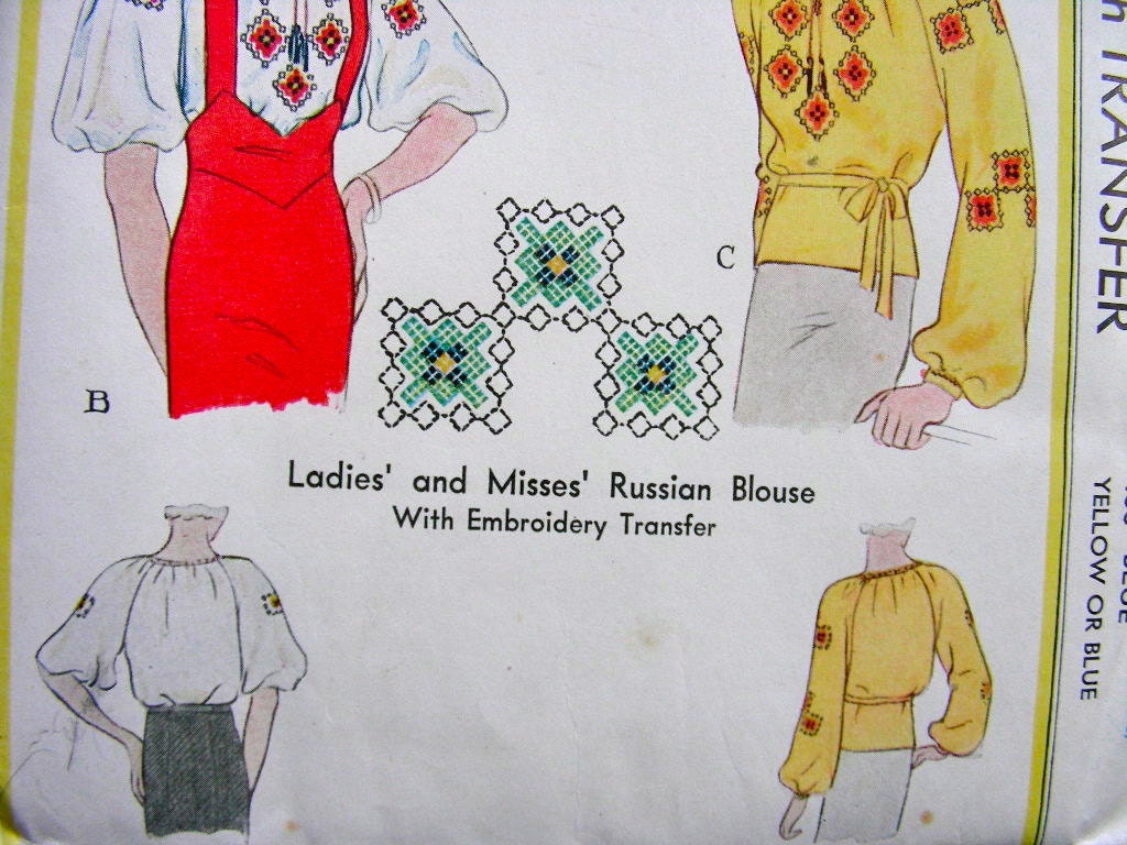 RARE - EXQUISITE Vintage 1930's McCALL Sewing Pattern 87 - Uncut - Russian Blouse & Embroidery Transfer