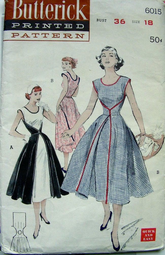 1950s Vintage Sewing Pattern - Butterick 6015 - THE WALKAWAY DRESS - Uncut - Size 18/36