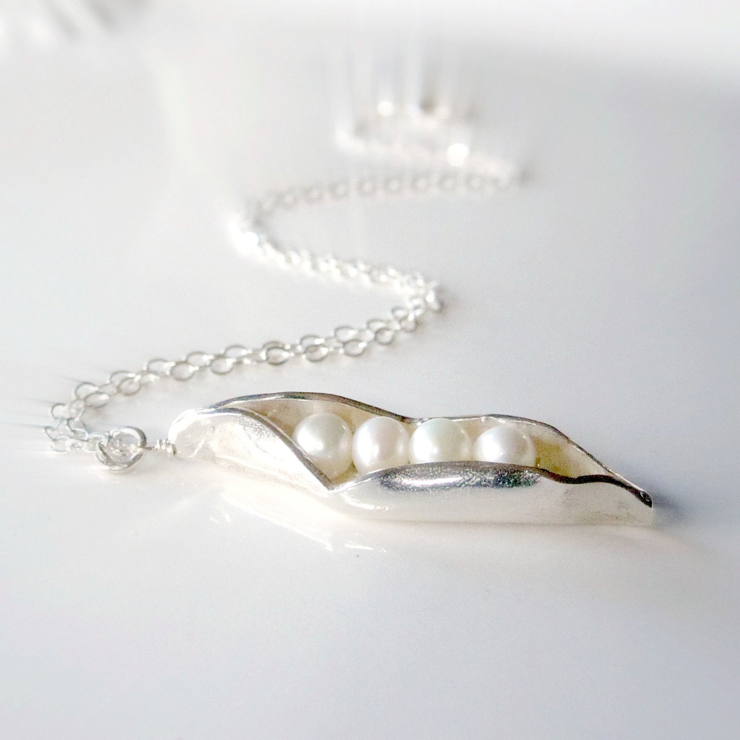 Peas in a  Pod Necklace,  Four Peas in a Pod, 4 Peas, Fine Silver, Sterling Silver, Freshwater Pearl - Sweet Pea