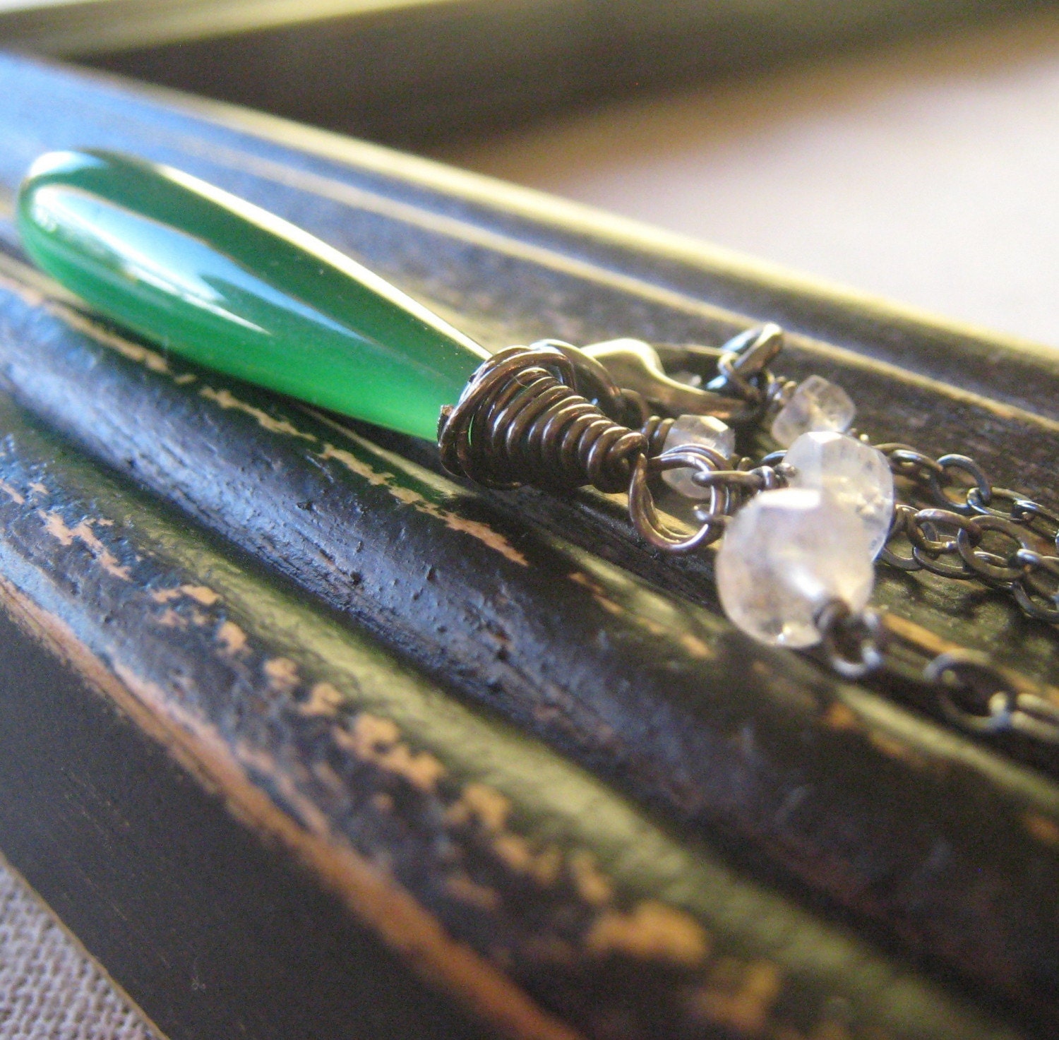 Green Necklace, Oxidized Sterling Silver Necklace, Green Chalcedony Long Necklace, Long Teardrop Gemstone  - Wicked