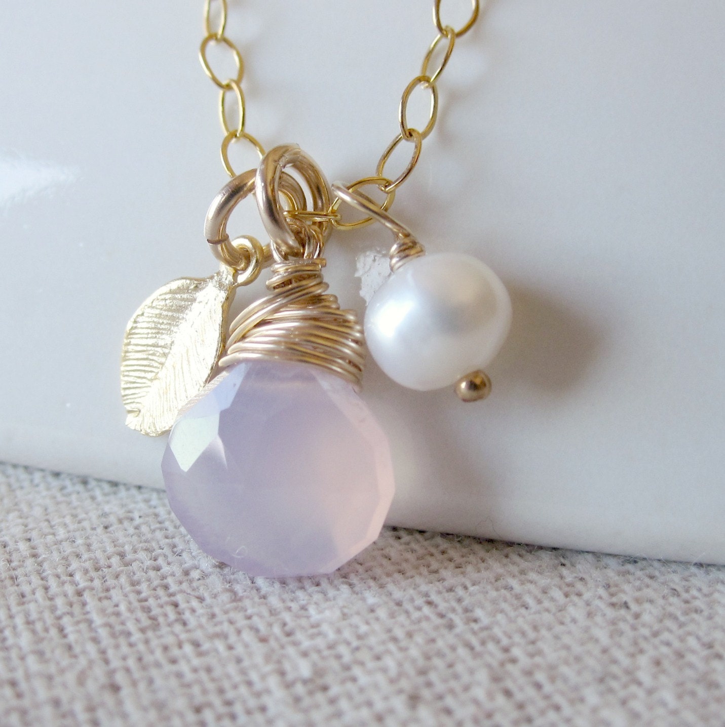 Gold Leaf Necklace, Lavender Gemstone, Purple Chalcedony Wire Wrapped Necklace - Magnolia