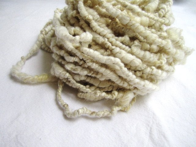 Super Coil Hand Spun White Natural Egyptian Cotton, Linen, Flax, Merino, Silk, Wensleydale Fiber Blend Yarn 22yards
