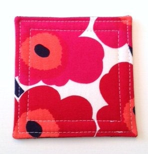 Set of 4  Coasters made w/ MARIMEKKO  Mini Unikko fabric, RED