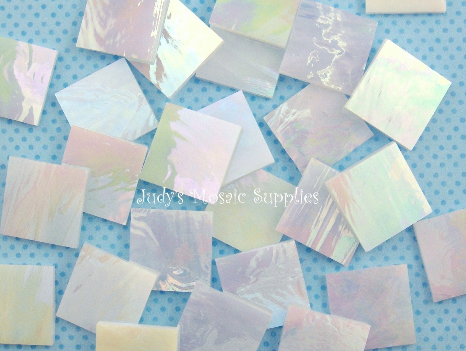 Iridized Cloud White Glass Tiles Tesserae Mosaic Squares - 25 3/4 Inch Tiles